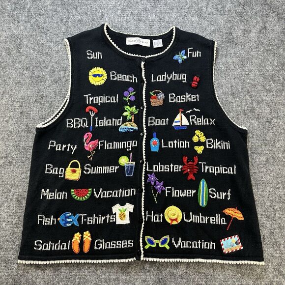 Marisa Christina Sweaters - Vintage Marisa Christina Sweater Vest XL Black Embroidered Summer Beach Grandma